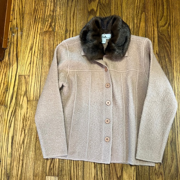 Vintage Boiled Wool Jacket Removable Faux Fur Collar- Lisa International - Picture 1 of 6